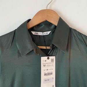 ZARA Emerald Green Satin Effect Midi Shirt Dress